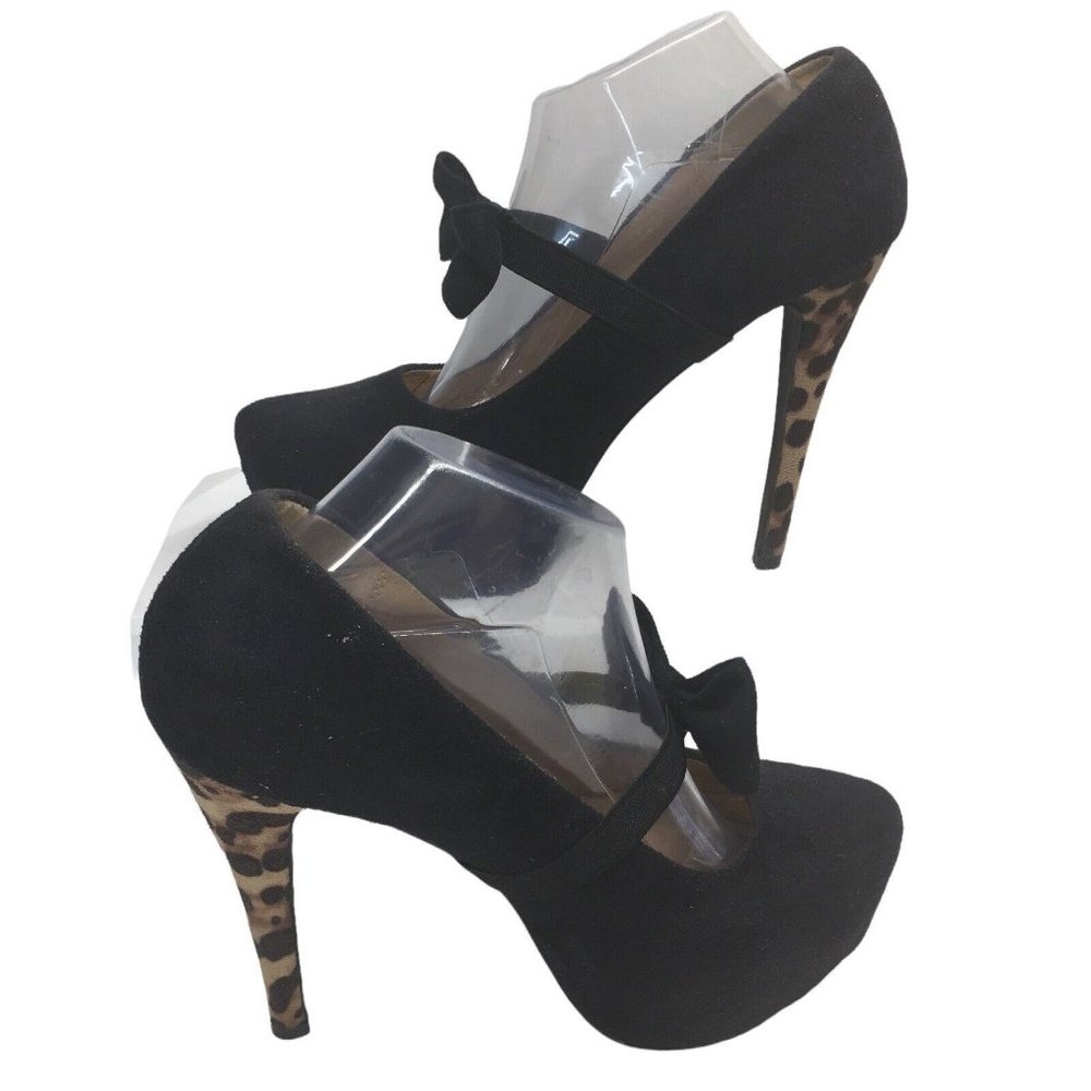 Ollio Size 10 Black Leopard Heel Platform Stiletto Pumps Heels Faux Suede